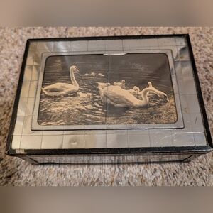 Interesting 1926 Black On Silver Swan Wooden Hinged Jewelry Box